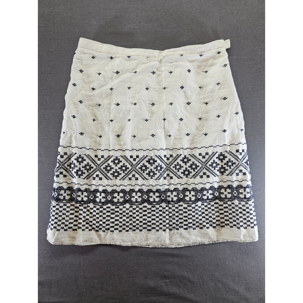 Max Studio Ivory Navy Blue Embroidered Linen Blend A-Line Skirt Size 6
